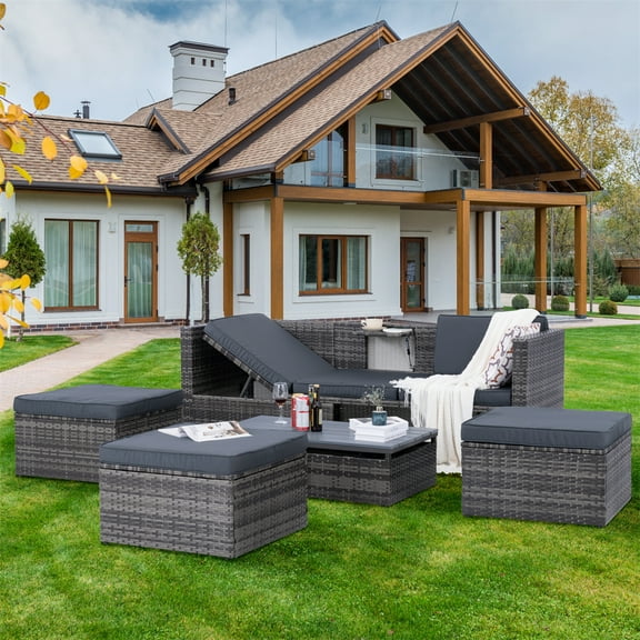 HighSound Patio Furniture, Outdoor Furniture, Seasonal PE Wicker Furniture,5 Set Wicker Furniture With Plywood Coffee Table,with lift TOP Coffee Table,with Lounger Sofa