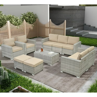 HighSound Patio Furniture Set, 10-Piece Outdoor Conversation Set with Storage Table, All-Weather Rattan Wicker Patio Sectional Sofa Set for Backyard (Light Gray with Beige Cushions)
