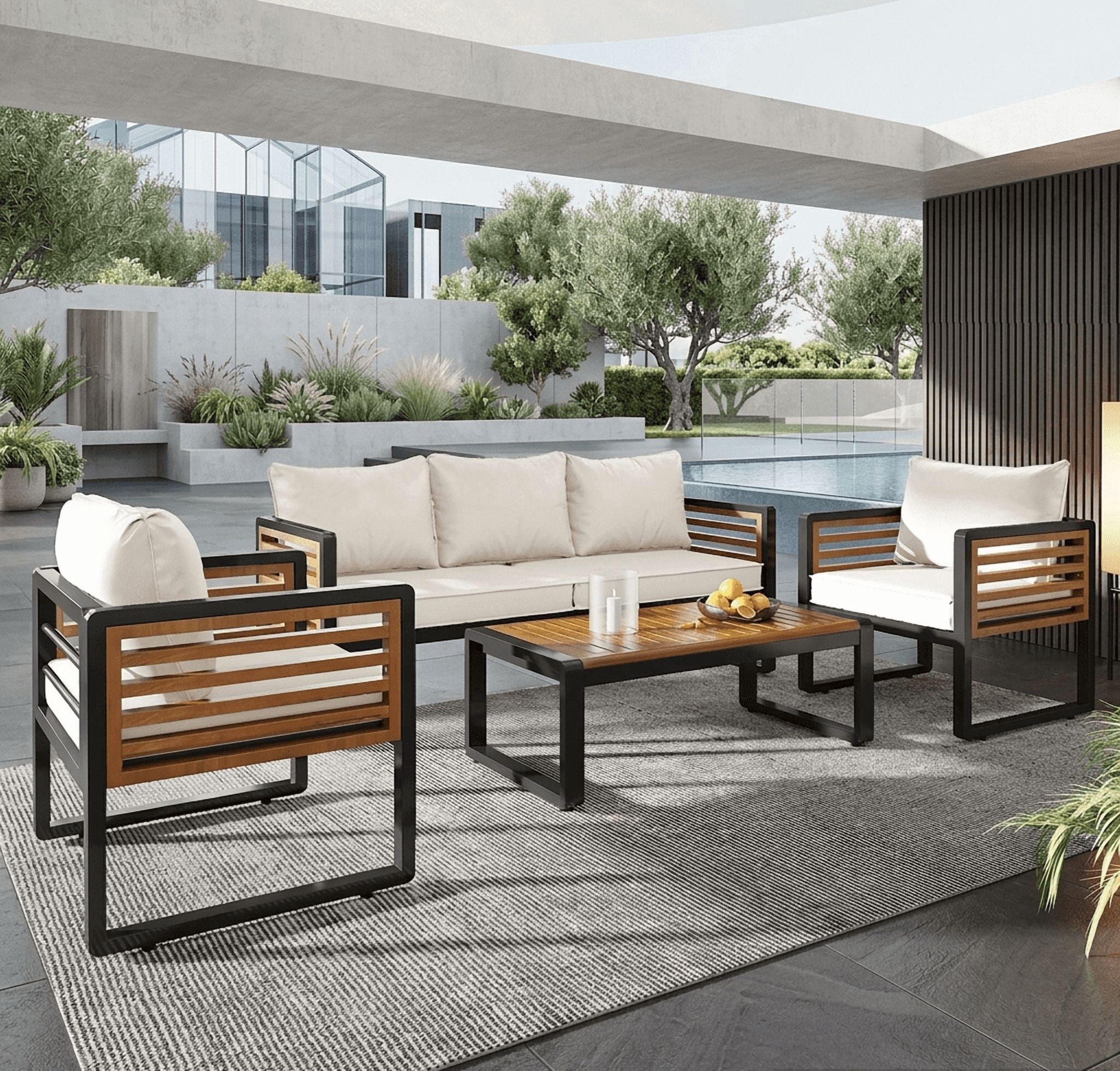 YIORTWO Patio Furniture Set, 4 Piece Metal Frame Outdoor Sectional Patio Conversation Set with Cushion and Wooden Finish, All Weather Outdoor Couch Set Patio Sofa Set for Porch Balcony Deck, Beige