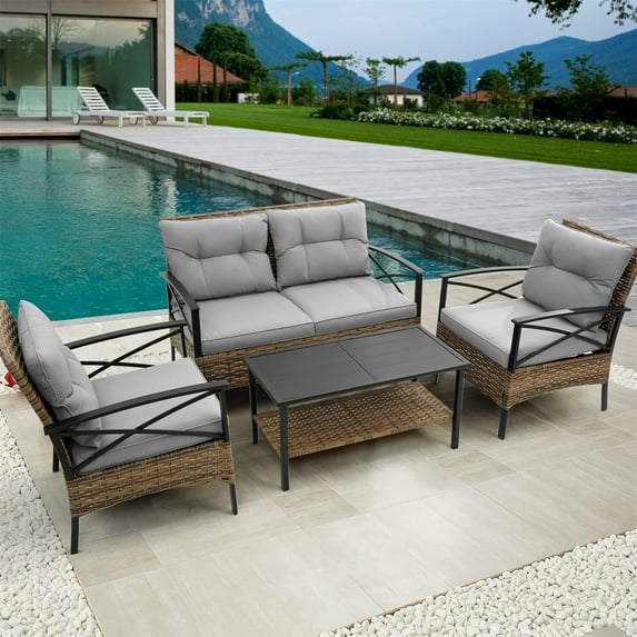 HighSound Patio Furniture Set, 4 Piece Outdoor Patio Conversation Set, All-Weather PE Rattan Wicker Sectional Patio Sofa Set with Coffee Table, Gray Cushions