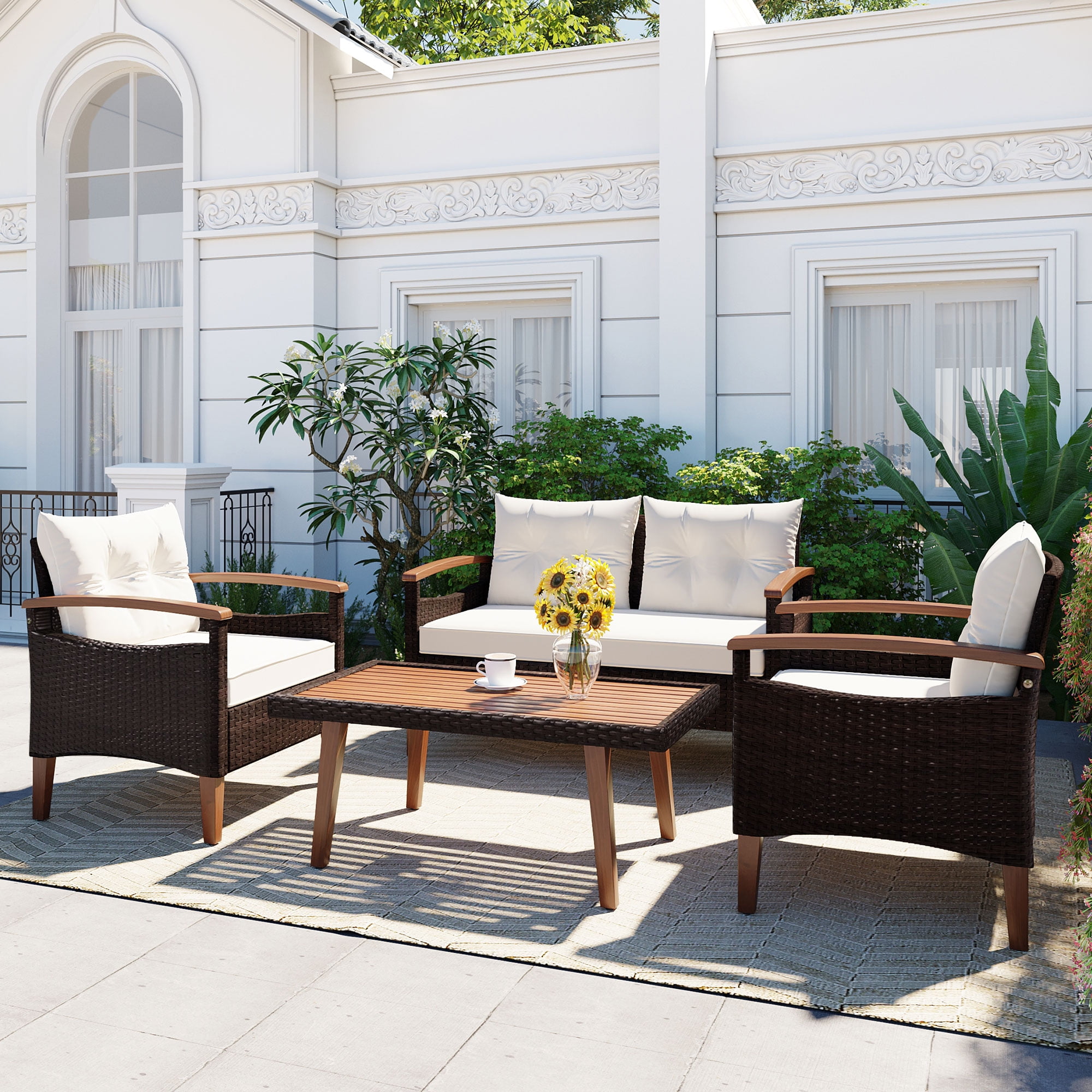 HighSound Patio Furniture Set, 4 Piece Outdoor Patio Conversation Set, All-Weather PE Rattan Wicker Sectional Patio Sofa Set with Wooden Coffee Table, Beige Cushions