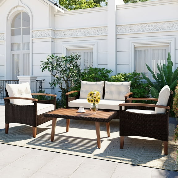 HighSound Patio Furniture Set, 4 Piece Outdoor Patio Conversation Set, All-Weather PE Rattan Wicker Sectional Patio Sofa Set with Wooden Coffee Table, Beige Cushions