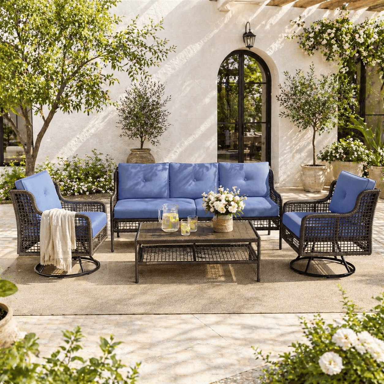 HighSound Patio Furniture Set, 5 Piece Outdoor Conversation Set with Rocking Swivel Chairs, Wicker Rattan Outdoor Sofa Set with Coffee Table for Backyard, Deck, Porch, Blue Cushions