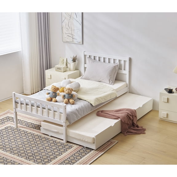 HighSound Platform Bed with Trundle, Twin Bed Solid Wood Single Bed for Bedroom Small Living Space, Wooden Slats Support, No Box Spring Needed, Easy Assembly, White