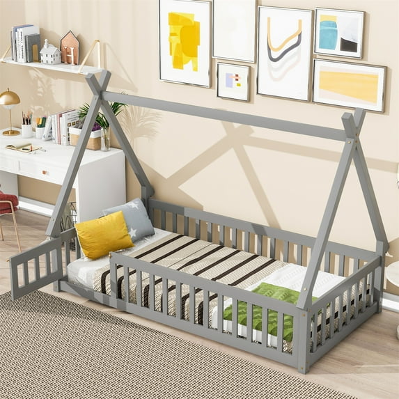 HighSound Twin Floor Bed for Kids with Tent-Shaped & Door Montessori Floor Bed with Slats and Guardrails Twin Size Wood Teepee Bed Frame with Fence for Boys Girls, Gray