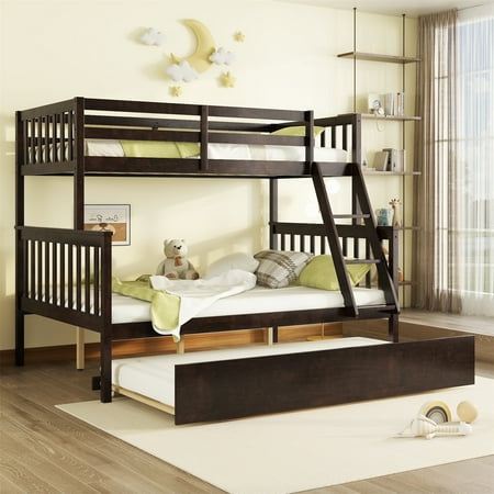 HighSound Wood Bunk Bed Twin Over Full with Trundle, Bunk Bed Frame with Rubber Wood Frame, Space-Saving Bunk Bed with Ladder & Safety Guardrails, No Box Spring Needed, Espresso