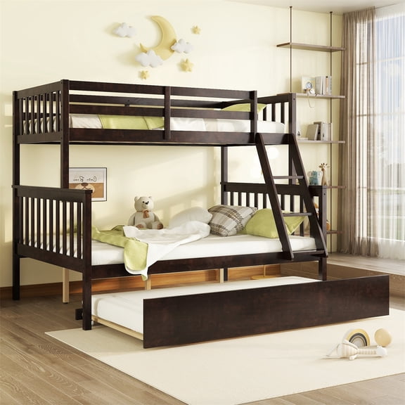 HighSound Wood Bunk Bed Twin Over Full with Trundle, Bunk Bed Frame with Rubber Wood Frame, Space-Saving Bunk Bed with Ladder & Safety Guardrails, No Box Spring Needed, Espresso