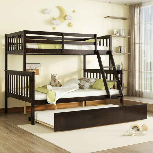 HighSound Wood Bunk Bed Twin Over Full with Trundle, Bunk Bed Frame with Rubber Wood Frame, Space-Saving Bunk Bed with Ladder & Safety Guardrails, No Box Spring Needed, Espresso