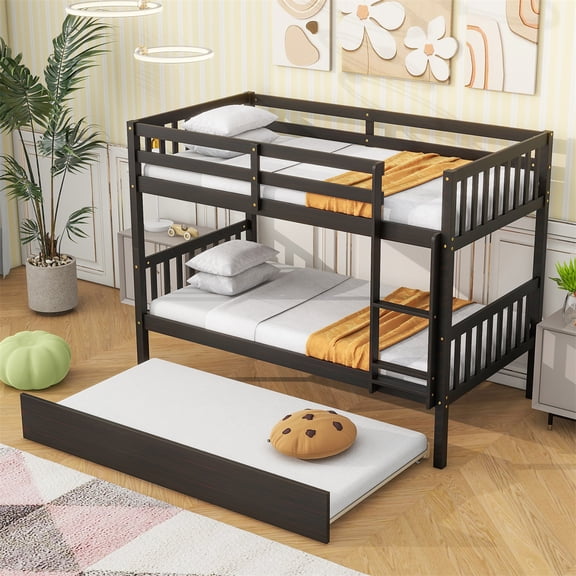 HighSound Wood Bunk Bed Twin Over Twin with Trundle, Bunk Bed Frame with Rubber Wood Frame, Space-Saving Bunk Bed with Ladder & Safety Guardrails, No Box Spring Needed, Espresso