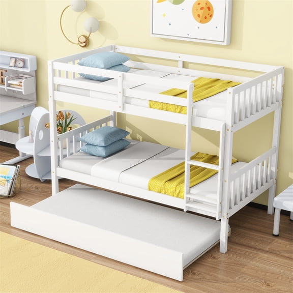 HighSound Wood Bunk Bed Twin Over Twin with Trundle, Bunk Bed Frame with Rubber Wood Frame, Space-Saving Bunk Bed with Ladder & Safety Guardrails, No Box Spring Needed, White