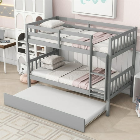HighSound Wood Bunk Bed Twin Over Twin with Trundle, Bunk Bed Frame with Rubber Wood Frame, Space-Saving Bunk Bed with Ladder & Safety Guardrails, No Box Spring Needed, Grey