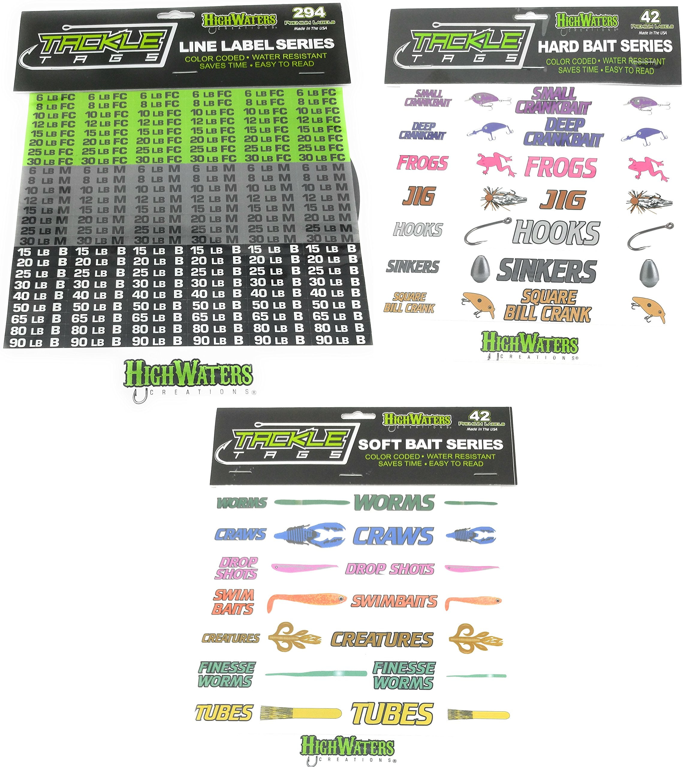 HighWaters Creations Tackle Tags, Fishing Line Labels, Hard Bait Labels,  Soft Bait Labels for Worms, Crankbait, Jibs, Hooks, Tubes, Swimbaits,  Craws