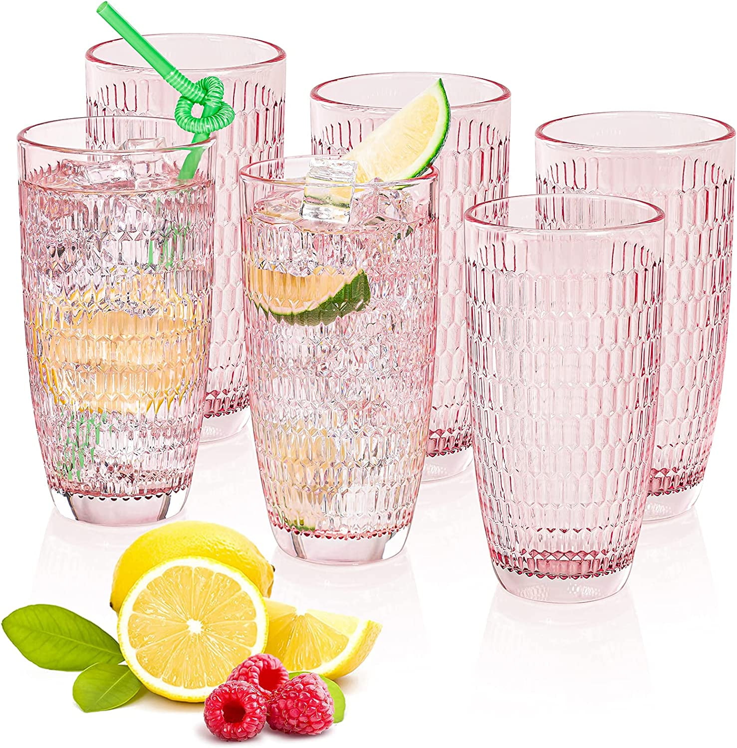 Highball Beverage Glasses Set of 6 Romantic PINK Colored Thick & Heavy