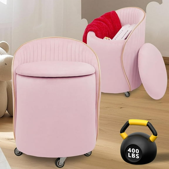 Round Storage Ottoman, Upholstered Velvet Vanity Stool with Lumbar Support, Swivel Rolling Wheels, Small Foot Stools Coffee Table Padded Seat for Makeup Room, Living Room, Bedroom (Pink)