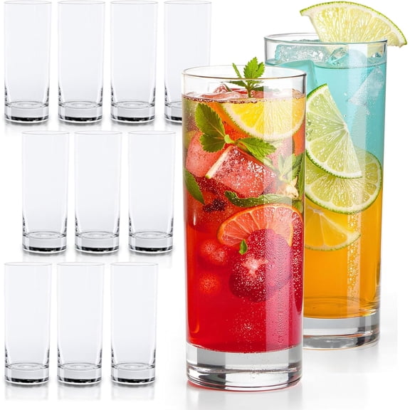Highball Glass Set | 15oz Set of 12 | Lead-Free Glass with Heavy Base | Dishwasher Safe Cocktail Glasses for Mojito Whiskey Iced Tea | Gift Box Included | Modern Durable Bar Glassware