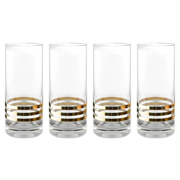 Barski Highball Glass Set of 4, Crystal Design with Three Gold Stripes, 14 oz, Made in Europe