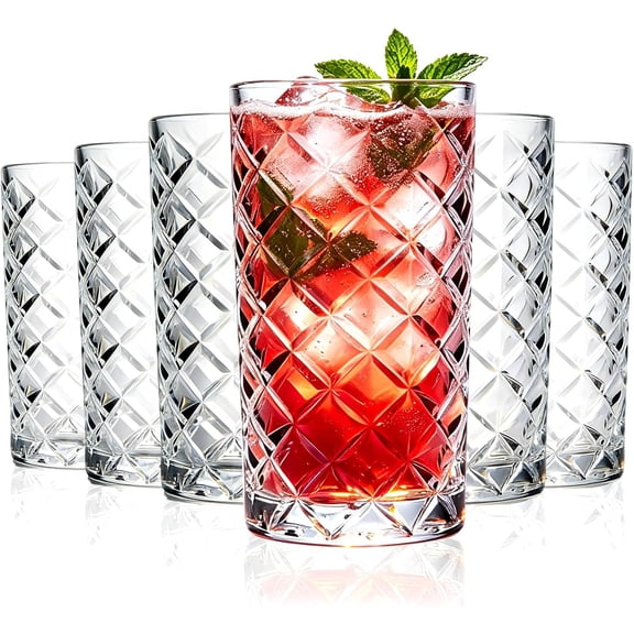 Highball Glasses Set Of 6-14 Ounce Cut Tom Collins Glasses - Textured Designer Glassware For ,Drinks, Water, , Soda
