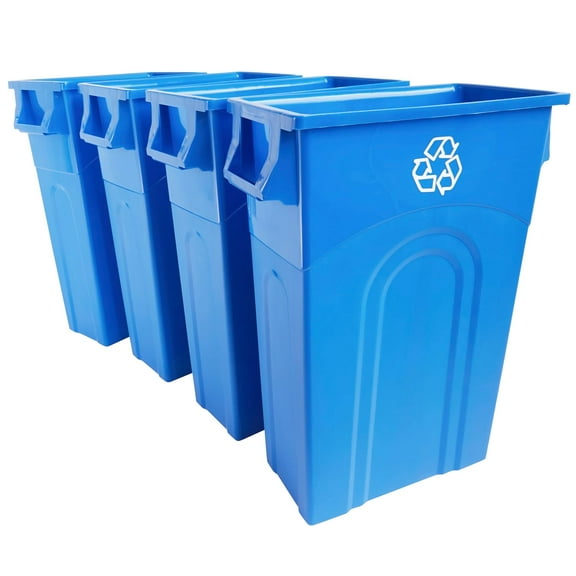 Highboy Recycling Bin, 23 Gallon, Space Saving Slim Profile and Easy Bag Removal, Indoor or Outdoor Use, Integrated Handles for Easy Carrying, 4-Pack, Recycle Blue