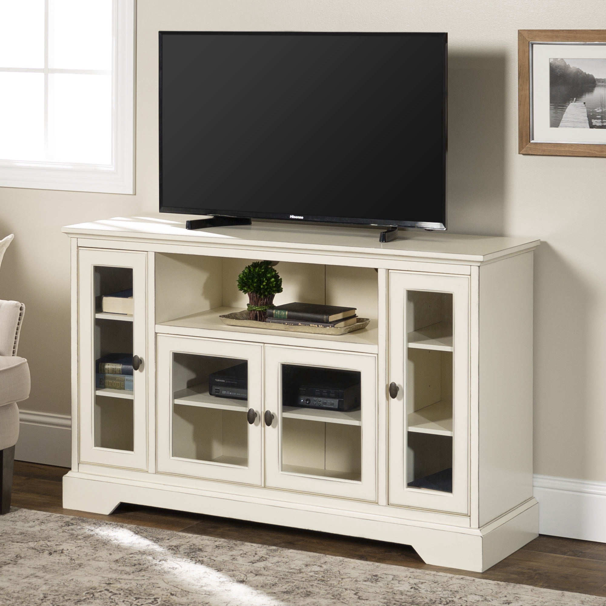 Highboy-Style Wood Media Storage Antique White TV Stand by Manor Park