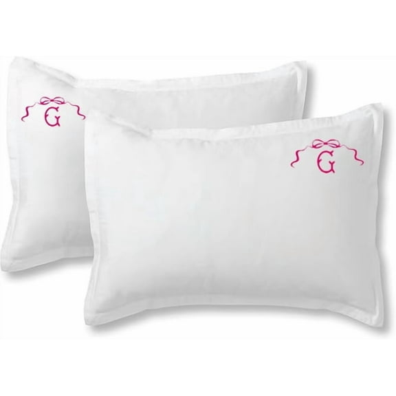 Highcaliberbeddings White 100% Cotton Percale Pillow Sham Applique Monogram (G) in Hot Pink - US Standard Size 20" x 26"(2 Pcs) - 400 threadcount