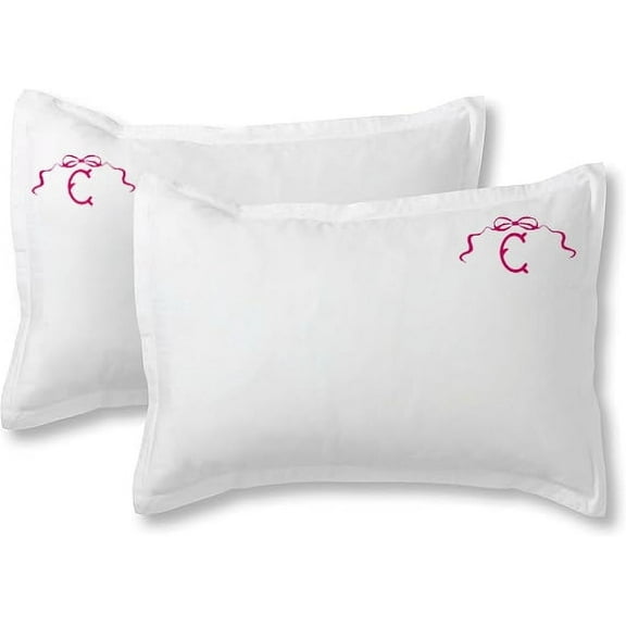 Highcaliberbeddings White 100% Cotton Percale Pillow Sham Applique Monogram (c) in Hot Pink - US Standard Size 20" x 26"(2 Pcs) - 400 threadcount