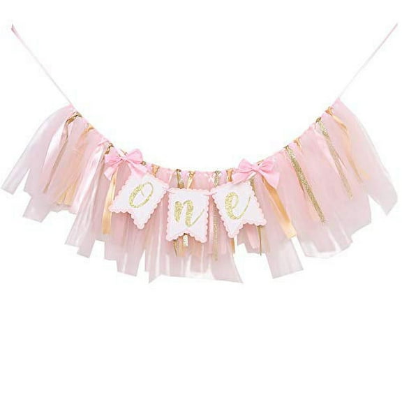 Highchair Banner 1st Birthday Girl - Tulle And Ribbon Banner For First Birthday, Cake Smash Photo Prop, Party Supplies . (Pink)