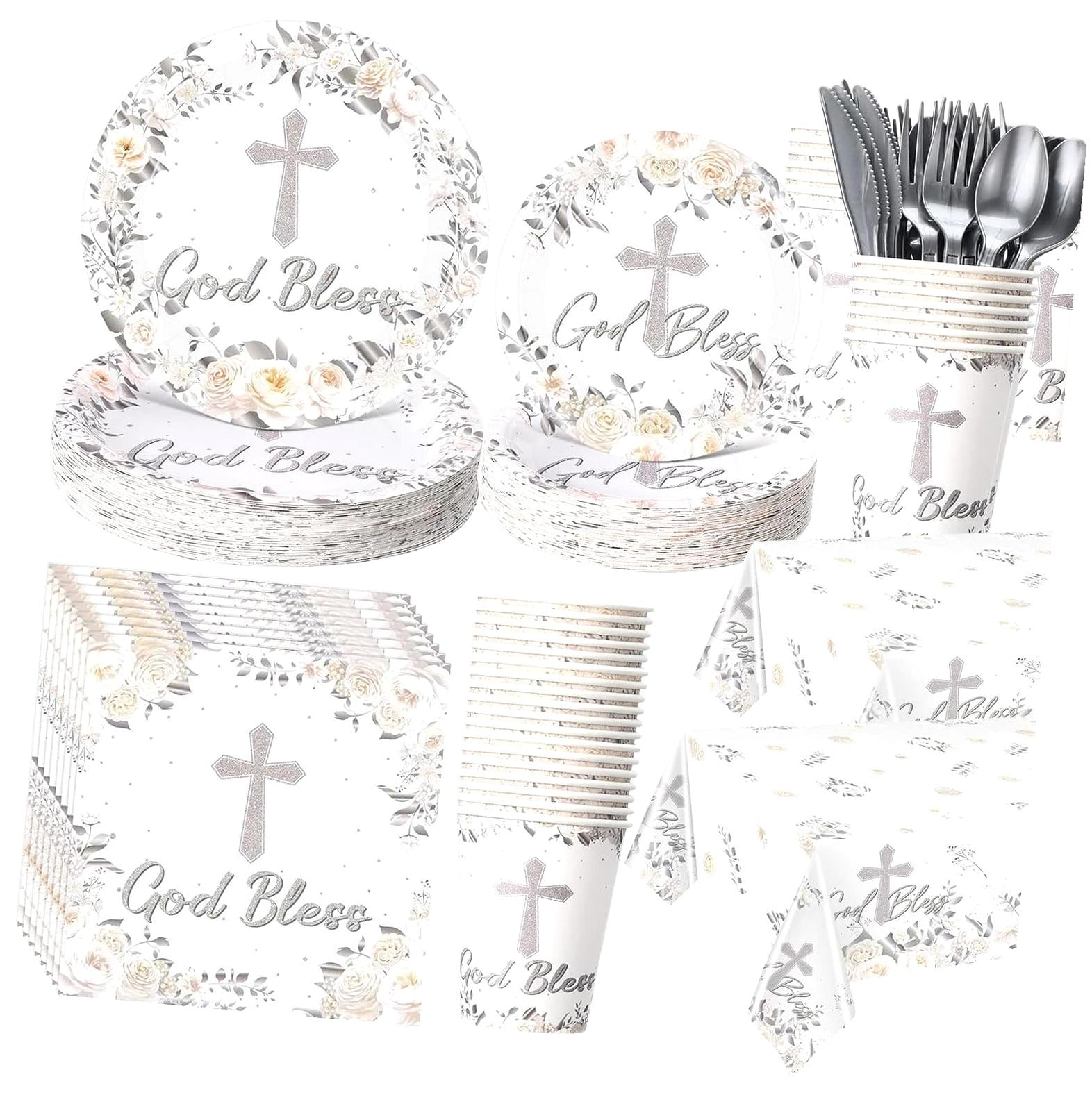 Highcool 194 Pcs Baptism Plates and Napkins Tablecloth Cups serves 24 Baptism Decorations Cross Silver Holy Communion Set for Wedding Newborn First Holy Communion Party Supplies