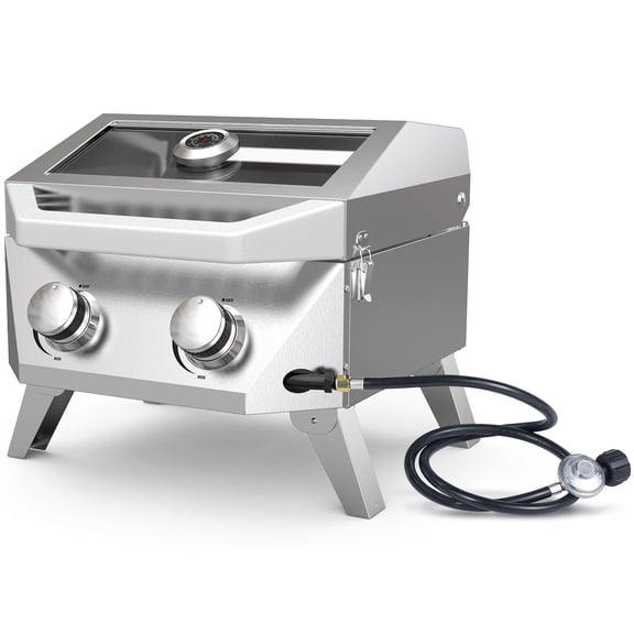 BESTFIRE Tabletop Gas Grill with 2 Burners & Viewing Glass Lid, 20,000 BTU Stainless Steel Portable BBQ Grill with Thermometer, Push-Button Ignition for Outdoor Patio, Camping, RV, Tailgating