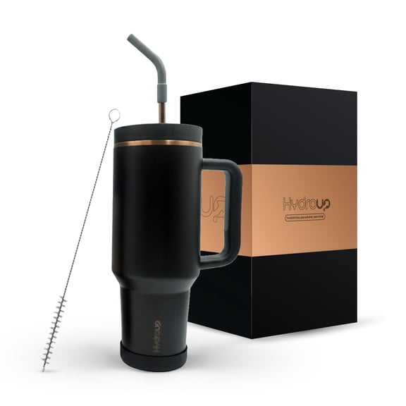 HYDROUP 40oz Travel Tumbler Cup with Handle, Two-Way Slider Lid, Stainless Steel Straw with Silicone Tip, Vacuum Insulated Water Bottle for Hot & Cold Drinks, Great Gifts for Mom (Black Gold)