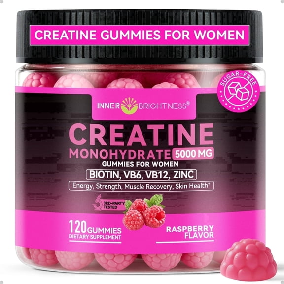 Inner Brightness Creatine Monohydrate Gummies for Women 5000mg - 6-in-1 with Biotin, Zinc, B6, B12 - Sugar-Free Raspberry Creatine Chewables for Muscle, Energy & Skin - 120 Count