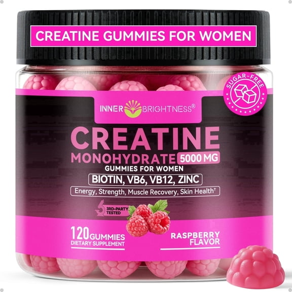 Inner Brightness Womens 5000mg Creatine Monohydrate Gummies, 6-in-1 Biotin Zinc B6 B12 Chromium, Boost Strength Muscle Recovery, Support Skin Hair Nail Health, 120ct