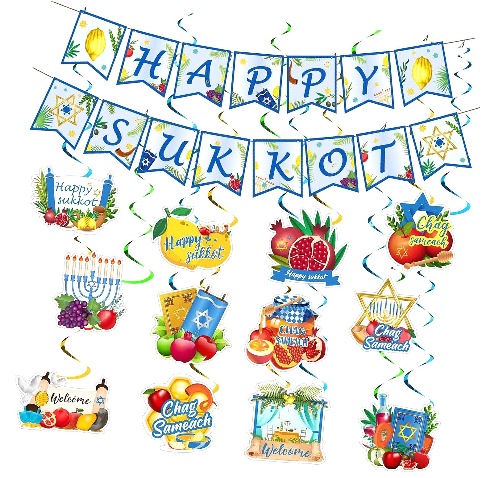 Highcool 38 Pcs Happy Sukkot Decorations Sukkot Hanging Swirls Banners 