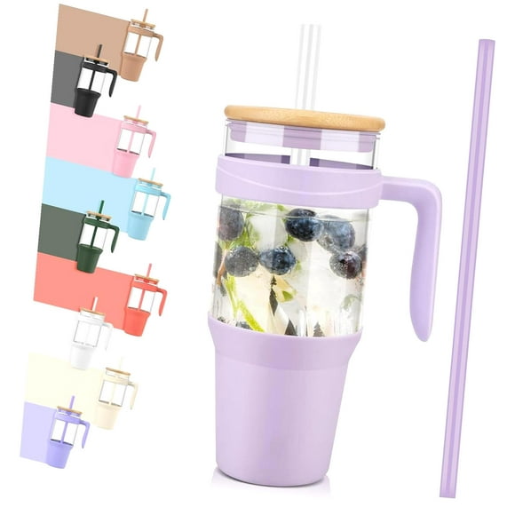 Highcool 40 oz Glass Cups with Straws, Tumbler with handle, Iced Coffee Cup with Lid, fits in Cup Holder, perfect for Smoothies