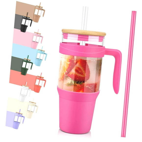 Highcool 40 oz Glass Tumbler with Handle, Straw and Lid, perfect for Iced Coffee and Smoothie Cup with Lid