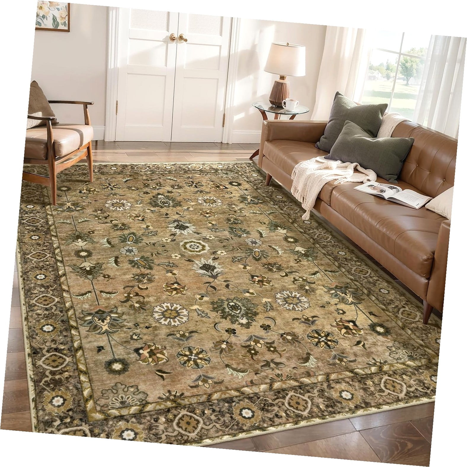Highcool 4x6 Floral Rug for Room, Washable Area Rug Indoor, Brown Rug ...