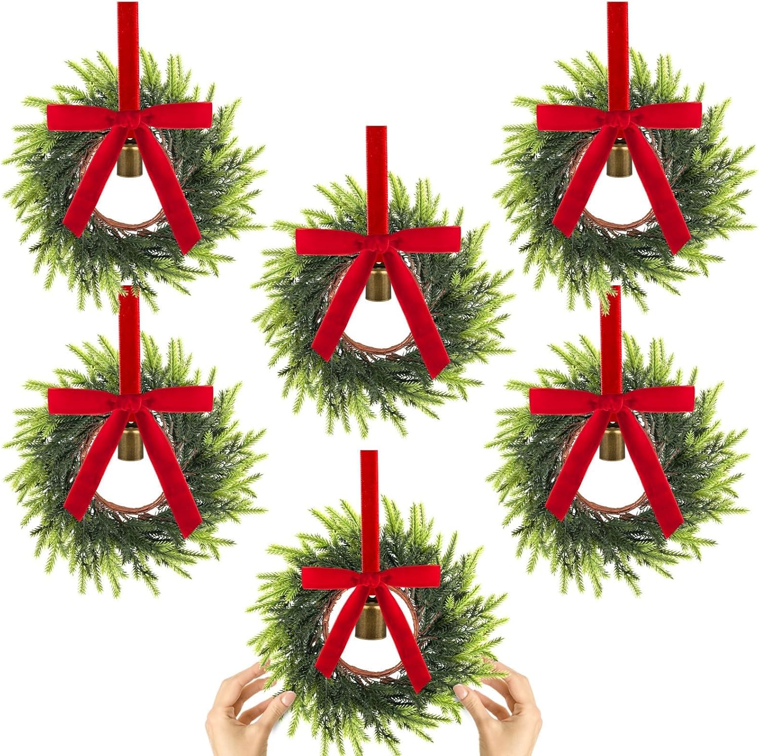 Highcool 6 Pcs Christmas Deep Red Pine Needle Wreath Bulk Artificial 10 ...