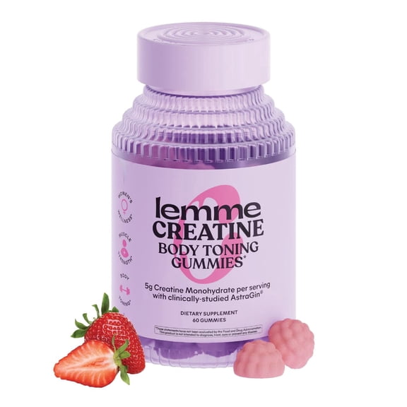 Lemme Creatine Body Toning, Strength & Recovery Gummies, 5g Creatine Monohydrate per Serving, with Astragin to Support Muscle Strength, Lean Body Mass, Cognitive Health, Sour Strawberry, 60 Count