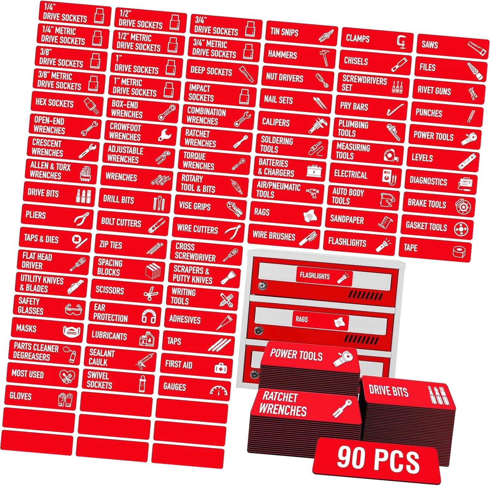 Highcool 90 PCS Magnet Toolbox Labels, 82 Pre-Printed & 8 Blanks Large ...