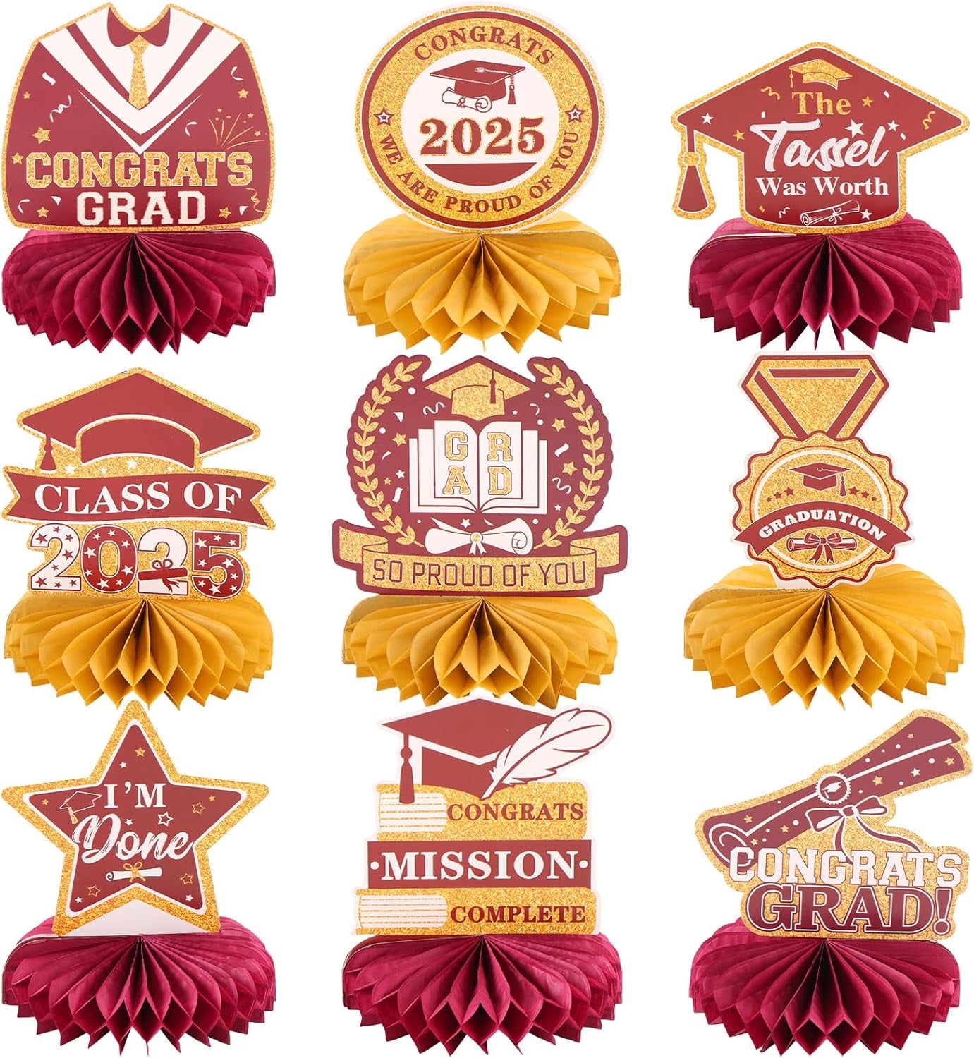 9-Piece Class Of 2023 Graduation Honeycomb Centerpieces - 3D Paper Decor For Grad Party Tables - View #3