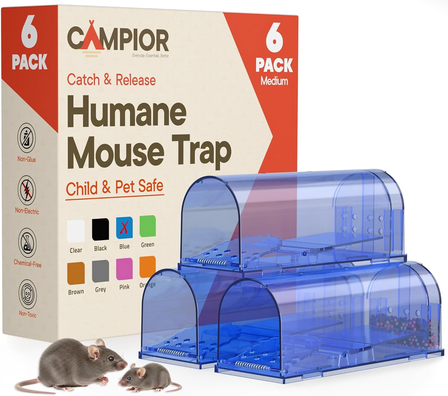 Campior Humane Mouse Trap Pack of 6, Live Catch & Release, Indoor/Outdoor, Pet & Child Safe, Reusable Plastic Cage, Blue