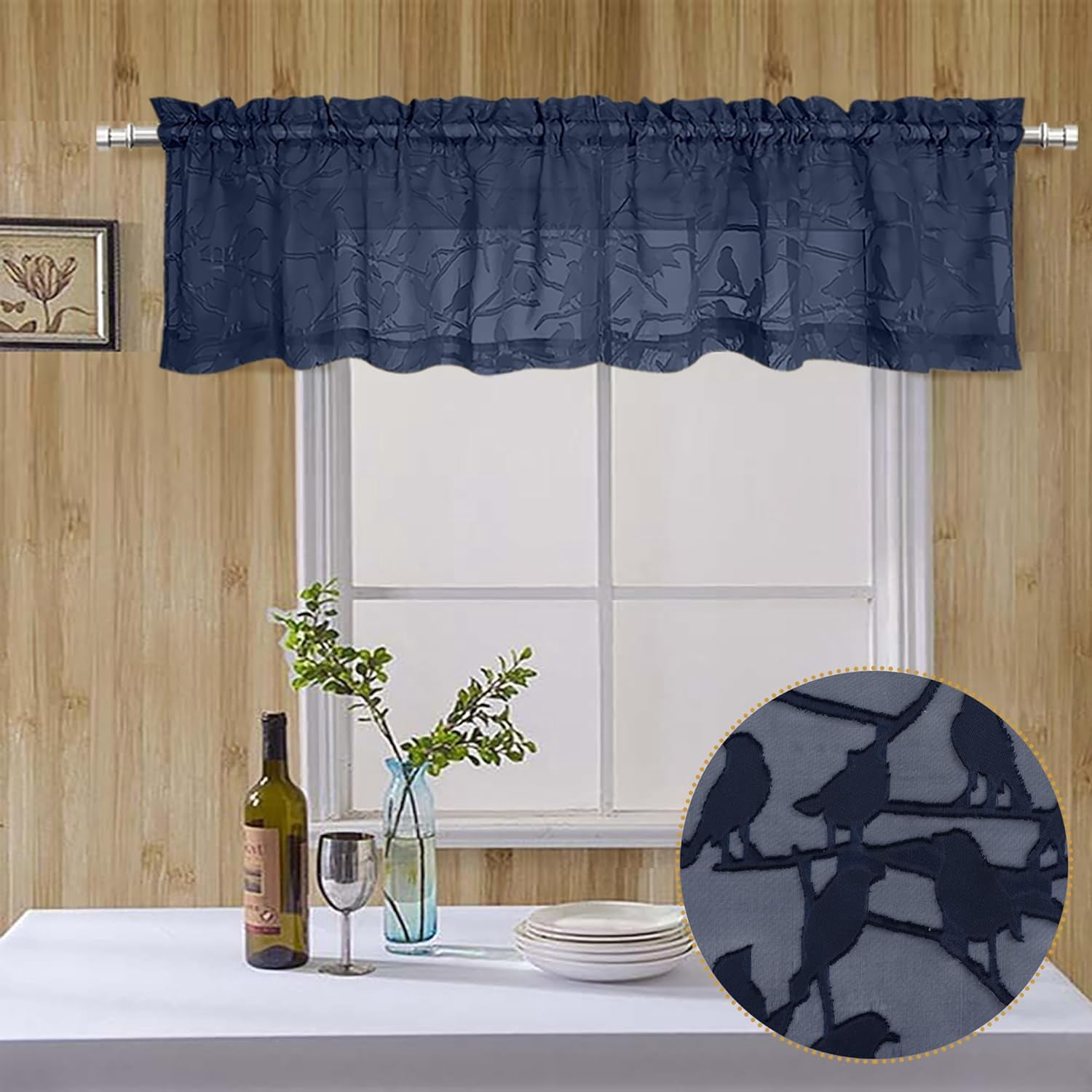 Highcool Anji Bird 2-Panel Sheer Kitchen Valances for 14-Inch Length
