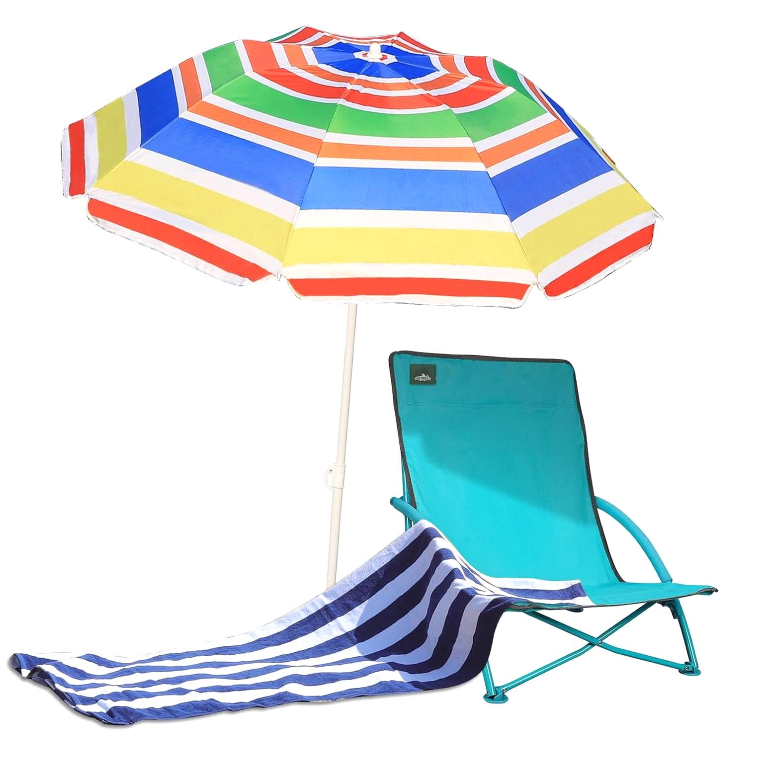 Highcool Beach Chair Trio, Includes 1 Low Beach Chair, 1 Umbrella, and ...