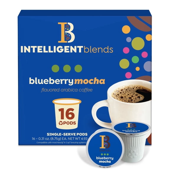 Intelligent Blends Blueberry Mocha Flavored Coffee Pods, 16 ct, Medium Roast Single Serve Pods  100% Arabica Coffee, Compatible with Keurig K Cups Maker