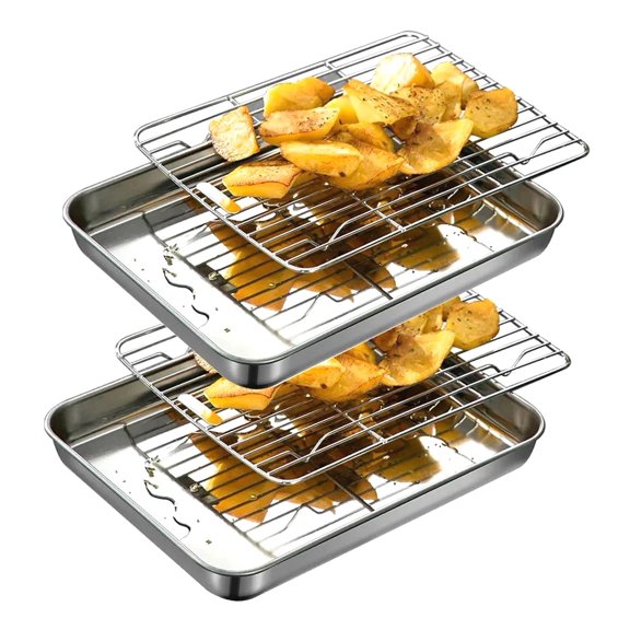 Highcool Extra Small Serving Trays with Wire Racks Set Steel 304 Tiny Baking Sheet Pans 9.3 6.9 Inch for 1~2 Person 2 Pans 2 Racks