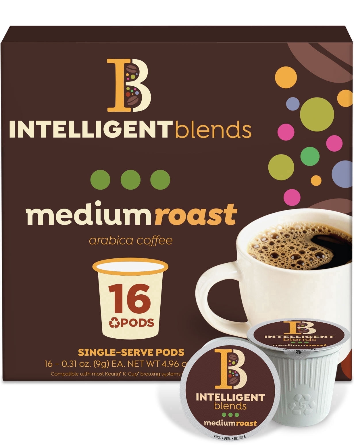 Intelligent Blends Medium Dark Roast Coffee Pods, 16 ct, Single Serve Pods – 100% Arabica Coffee, Compatible with Keurig K Cups Maker