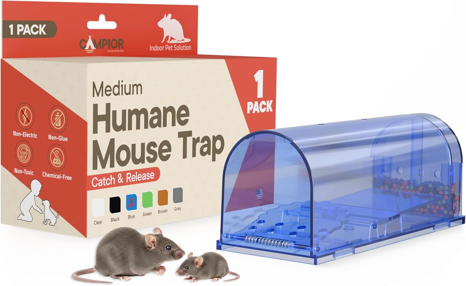 Campior Humane Mouse Trap Pack of 1, Live Catch & Release, Indoor/Outdoor, Pet & Child Safe, Reusable Plastic Cage, Blue
