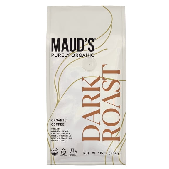 Maud's Purely Organic Low Acid Dark Roast Ground Coffee - 10oz | Lab tested for Mold, Mycotoxins, Heavy Metals & Pesticides