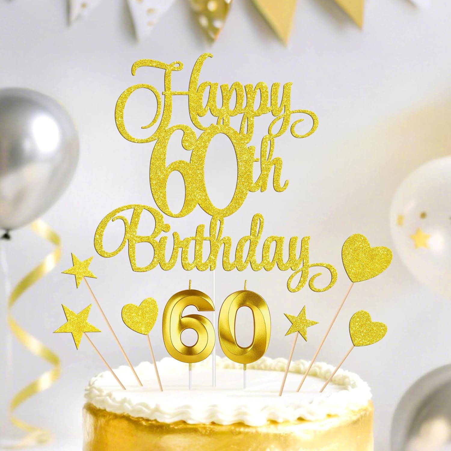 Highcool Happy 60th Birthday Cake Decorations, Glitter 60th Birthday