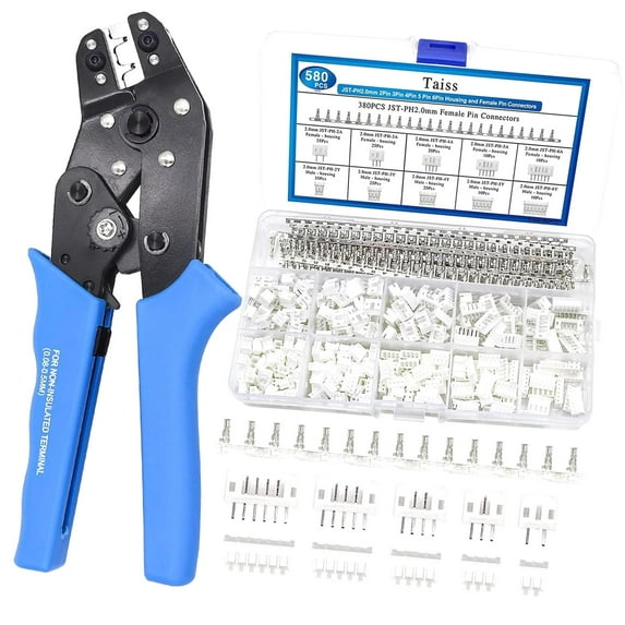 Highcool JST Crimping Tool with 580PCS JST PH Connector kit 2.0mm 2/3/4/5/6Pin Housing Female/Male Adapter Cable Connector Plug,Female Pin Connectors,Ratcheting Wire Crimper JST Crimper, Crimper