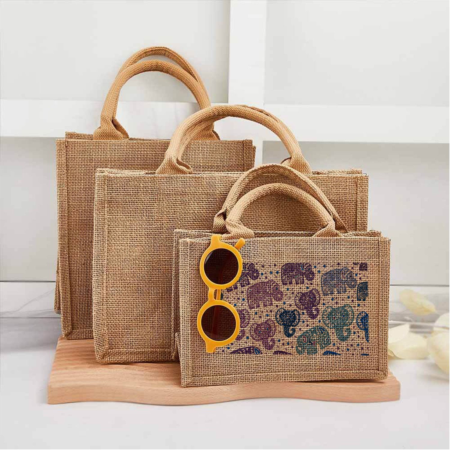 Highcool Jute Tote Bags Indian Elephant Small Burlap Gift Bags with